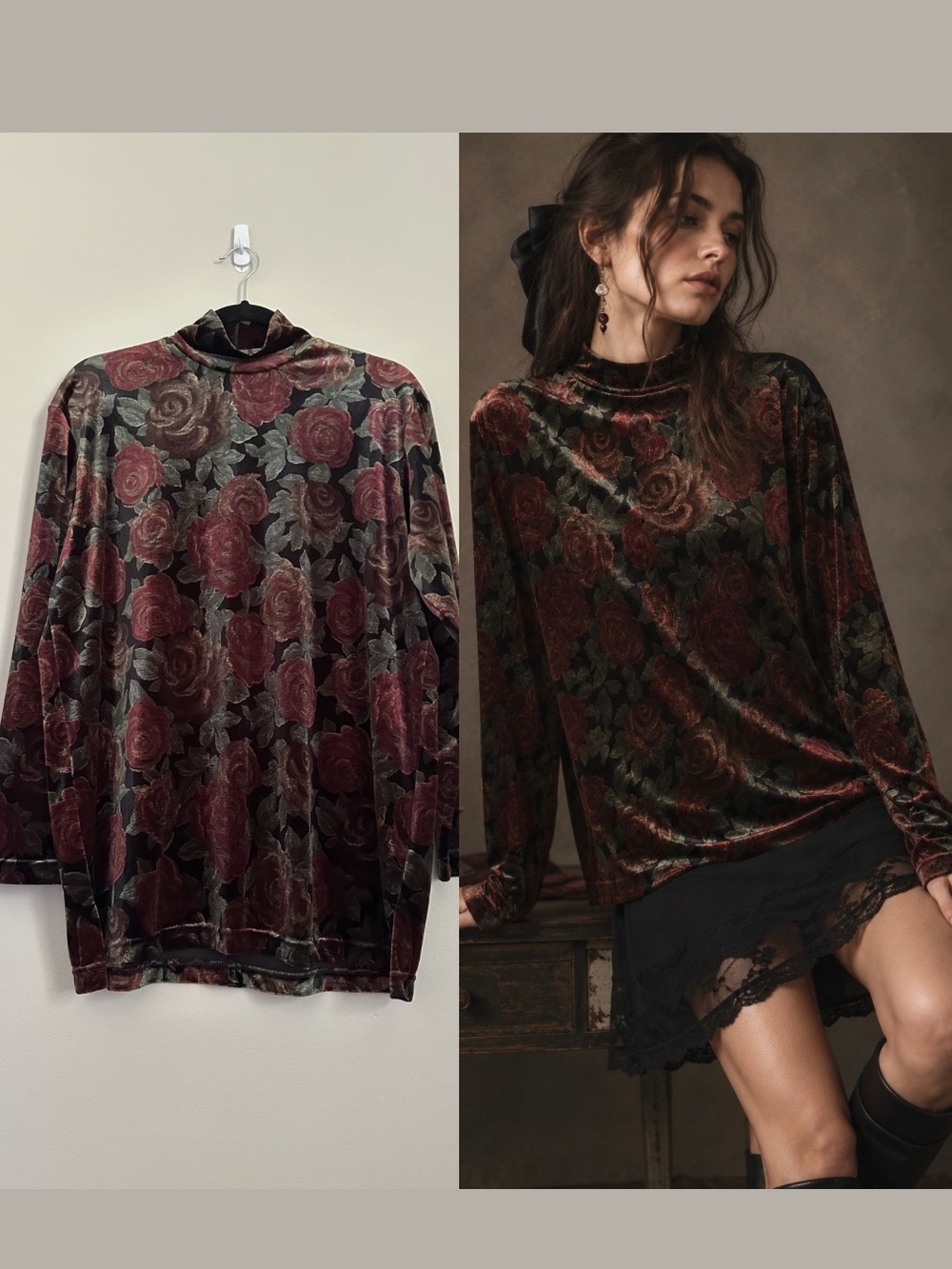 Vintage 90s Burnout Velvet Floral Mock Neck Top Medium Dark Romantic Whimsigoth